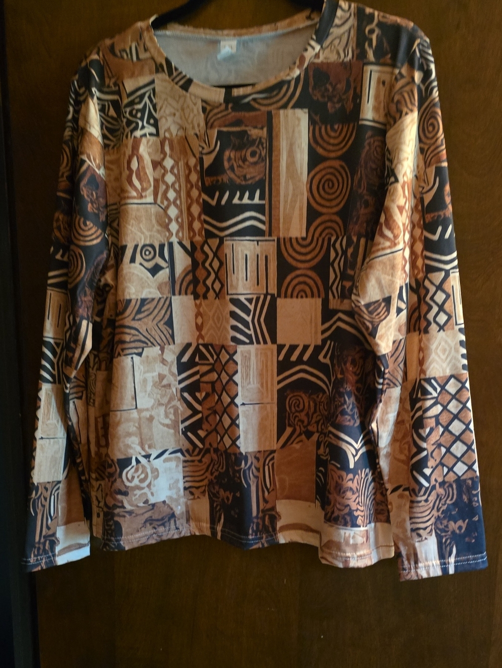 Abstract Patchwork Long Sleeve Top - Brown & Black